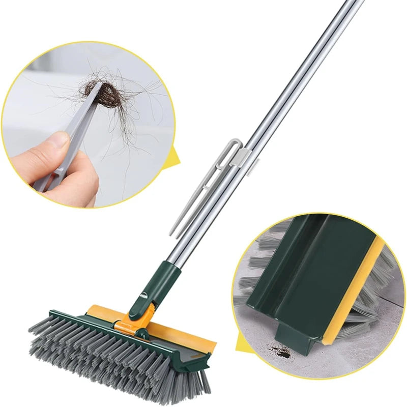 4 In 1 Floor Scrubber With Long Handle Stiff Bristles Grout Brush Squeegee Rotating Tile Brush For Bathroom Glass Patio Cleaning