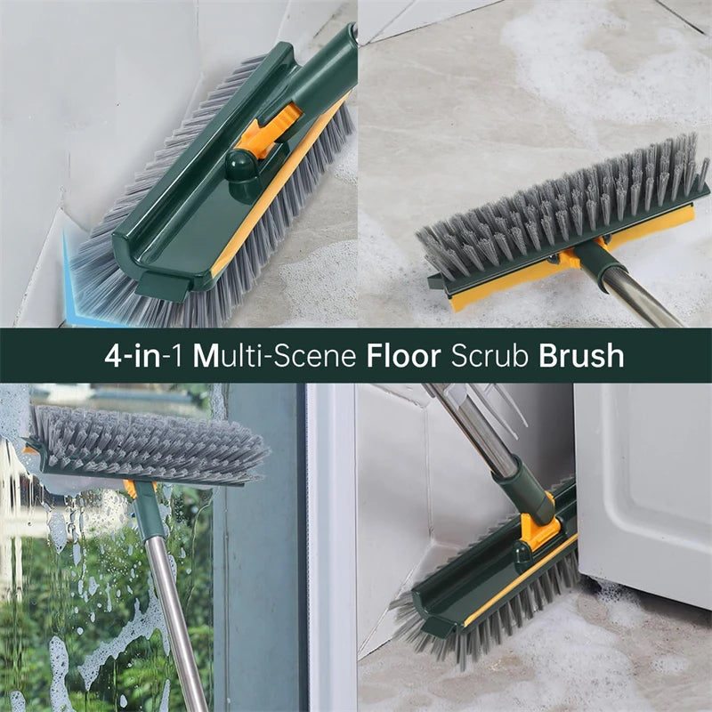 4 In 1 Floor Scrubber With Long Handle Stiff Bristles Grout Brush Squeegee Rotating Tile Brush For Bathroom Glass Patio Cleaning